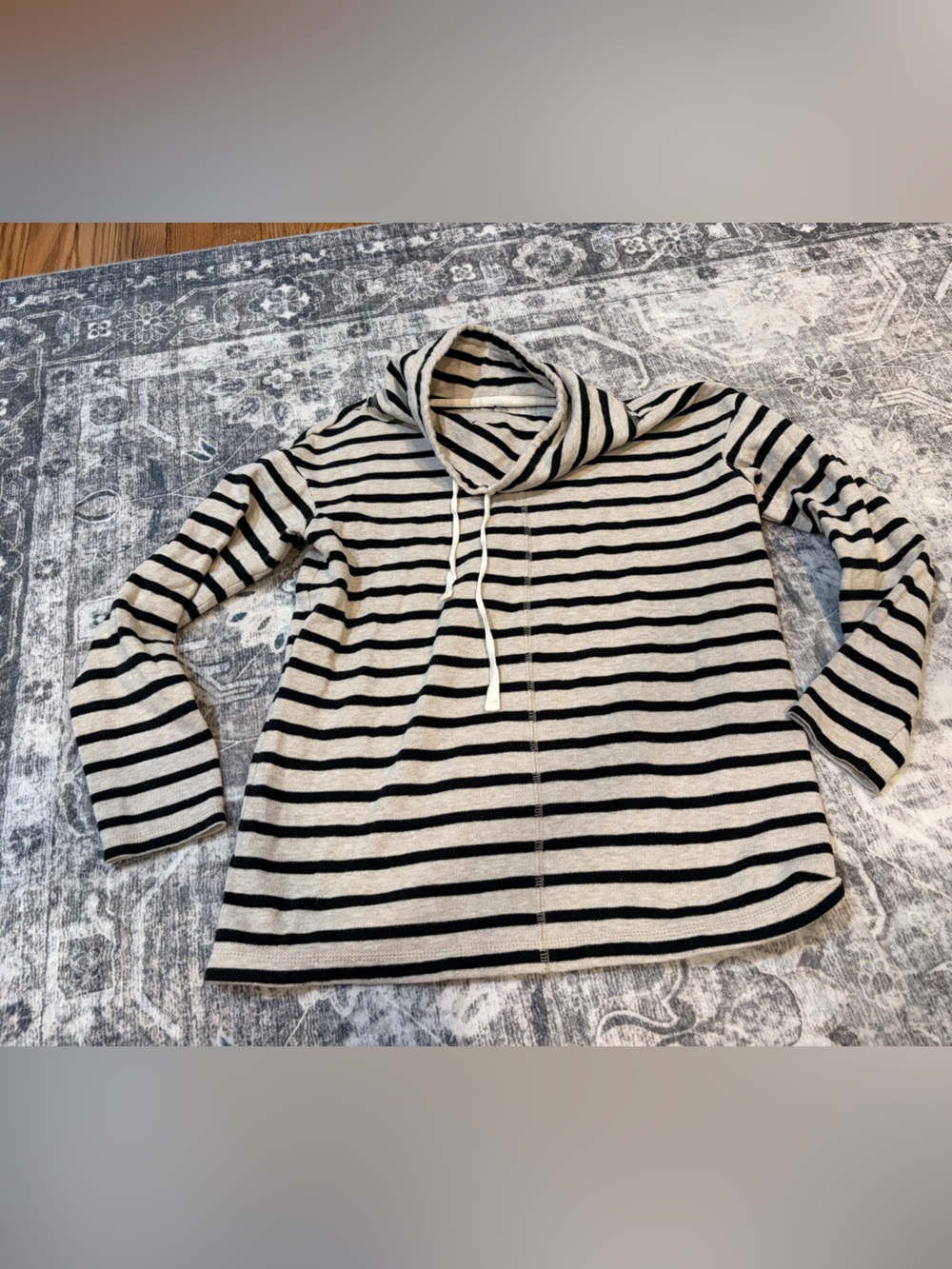 LOFT Black and Cream Striped Cowl-Neck Pullover
